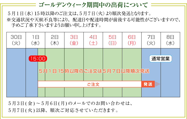 2024年 ゴールデンウィーク期間中の出荷について